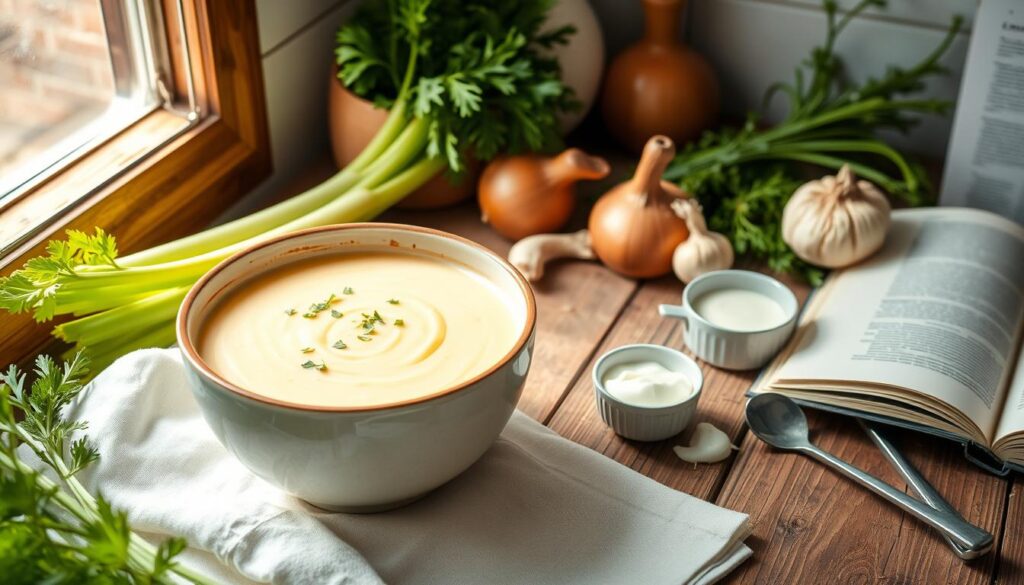 Rich and creamy bowl of celery soup with a garnish of fresh herbs, perfect for a comforting, flavorful meal.