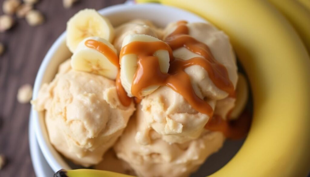 Creamy peanut butter banana ice cream with swirls of smooth peanut butter and chunks of fresh banana, a deliciously guilt-free frozen treat.
