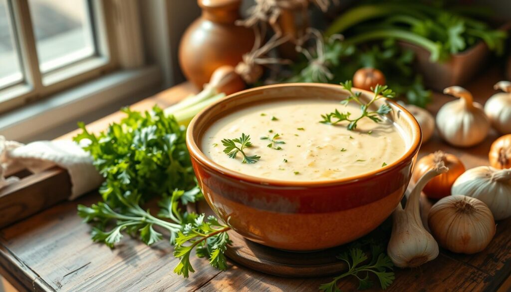 Bowl of savory cream of celery soup, a perfect blend of flavors and textures for a cozy and nourishing meal.