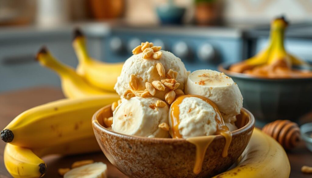 Silky peanut butter banana ice cream topped with banana slices and a drizzle of peanut butter, a quick and indulgent dessert made from simple ingredients.