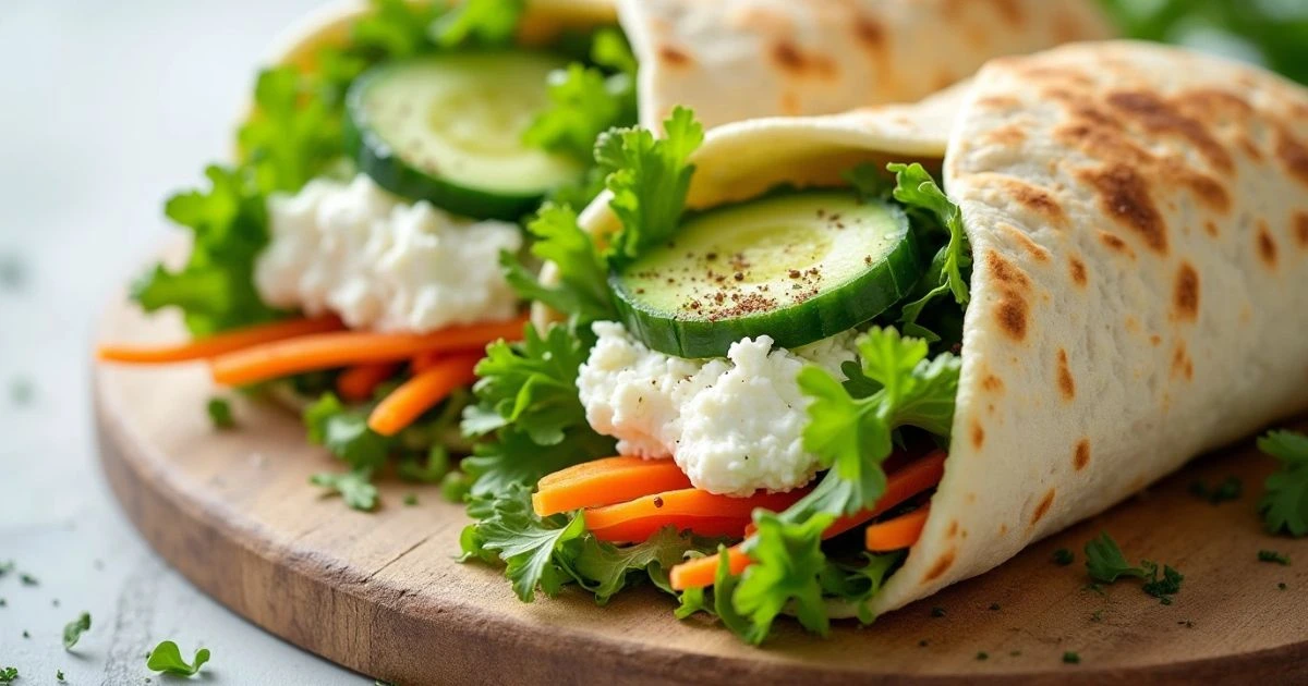 Healthy and vibrant cottage cheese wrap filled with fresh greens and colorful veggies, perfect for a light and nutritious meal on the go.