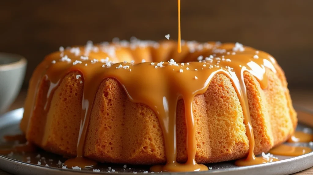 Rich and moist salted caramel Kentucky butter cake on a plate