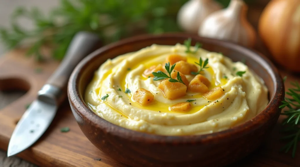 Ingredients for roasted garlic butter recipe, including garlic, herbs, and butter.