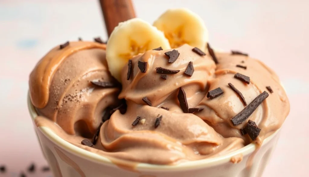 Frozen banana and peanut butter ice cream scoops in a dish with fresh bananas.