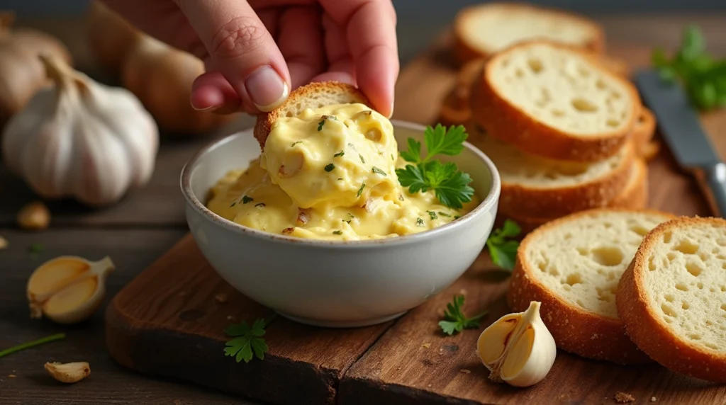 Freshly made roasted garlic butter recipe served in a small bowl.