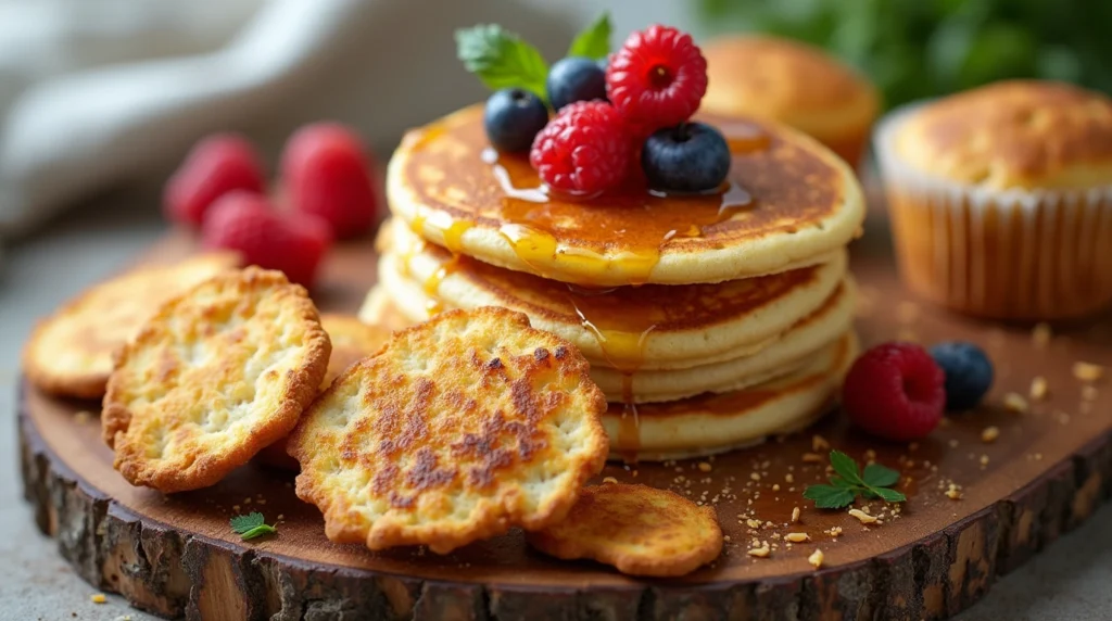 Sourdough discard pancakes with fresh fruit and syrup