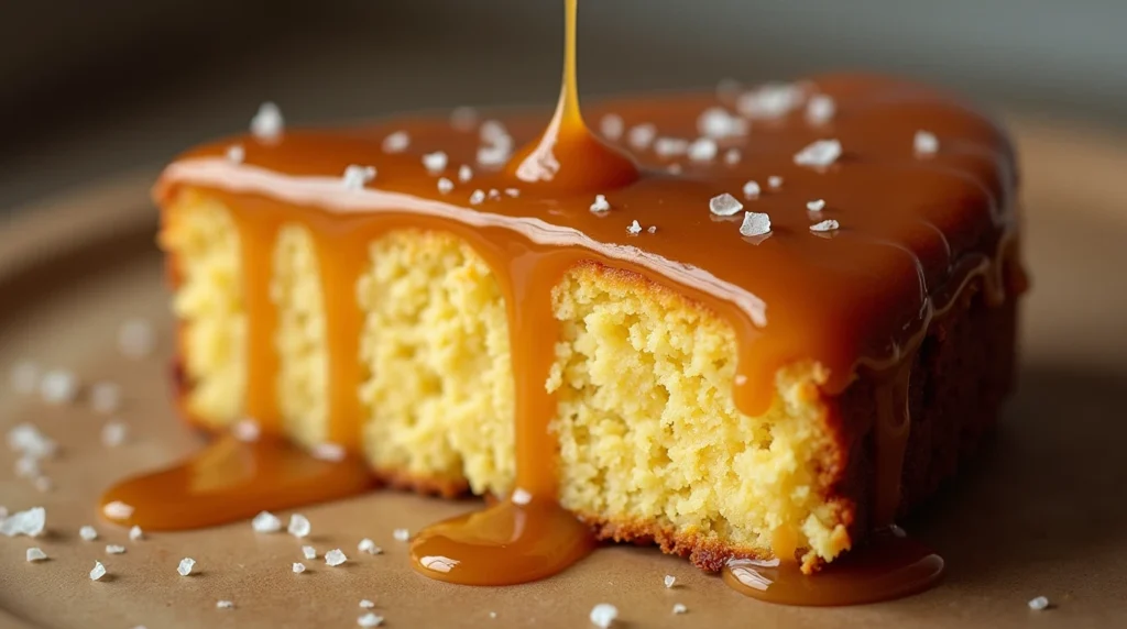 Decadent salted caramel Kentucky butter cake with a moist, buttery texture