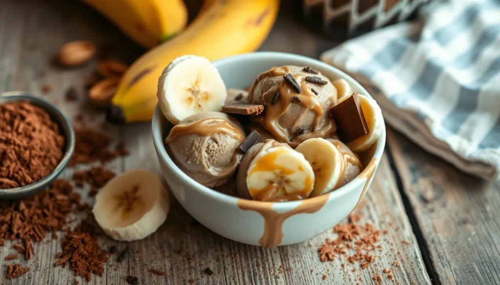 Homemade banana and peanut butter ice cream, a dairy-free and vegan dessert.