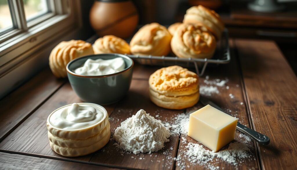 Basket of warm sour cream biscuits served with butter