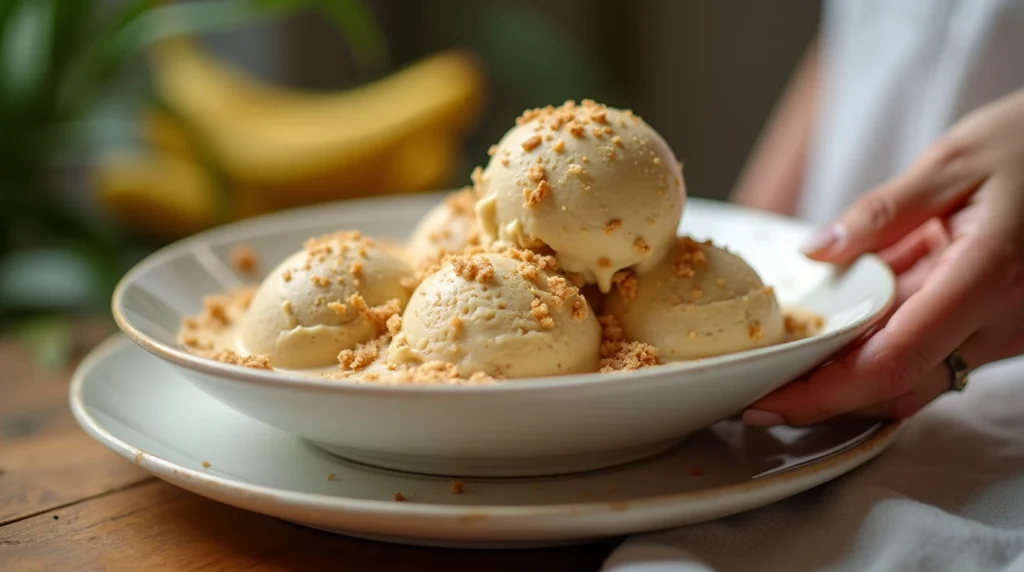 Smooth and creamy banana peanut butter ice cream topped with chocolate chips.