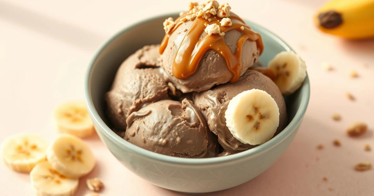 Bowl of creamy banana and peanut butter ice cream with a drizzle of peanut butter.