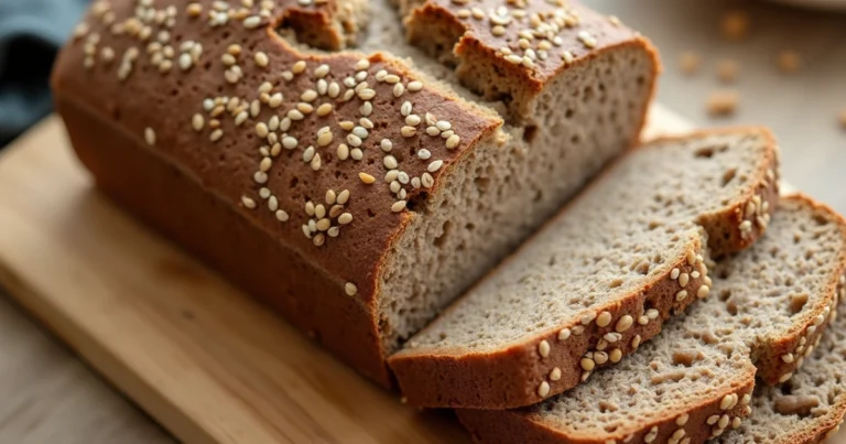 Close-up of sliced gluten-free buckwheat bread with a golden crust.