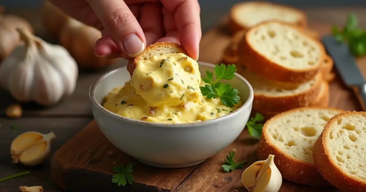 Close-up of roasted garlic butter recipe spread on crusty bread.