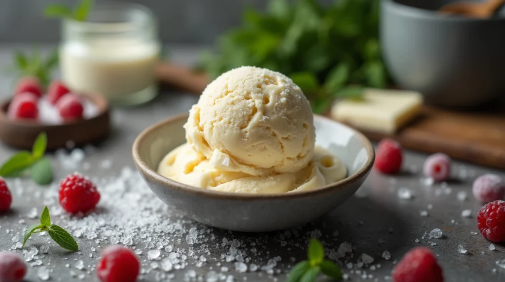 Vanilla ice cream in a bowl made using the ice cream ball recipe.